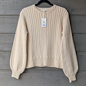 NWT Hope & Henry Cream Cable Knit Bishop Sleeve Sweater Medium Organic Cotton
